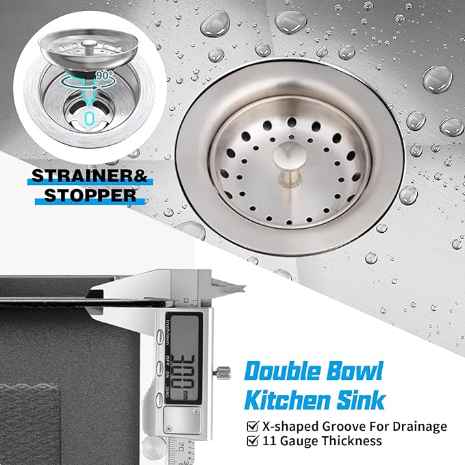 Kitchen Sink, 50/50 Double Bowl 33x19x8 Inch Undermount Stainless Steel Drop In Large Kitchen Sink Combo-Stainless Grid, Silicon Mat, Installation Clips For Modern SS Stylish Kitchen&Bar