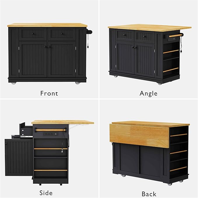48 Inch Kitchen Island with 2 Bar Stools, Power Outlet & Storage - Rolling Kitchen Cart with Drop Leaf, Internal Door Racks, 5 Open Shelves, 2 Drawers, Black | All-in-One Mobile Workstation