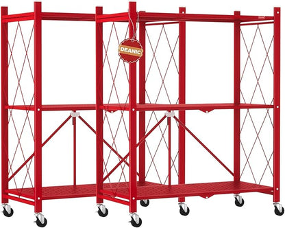 DEANIC 3 Tier Foldable Storage Shelves with Wheels, Kitchen Appliance Stand, Freestanding Metal Wire Shelf Rack, No Assembly Organizer Rolling Cart for Garage, Basement, Pantry(Red Pack of 2)