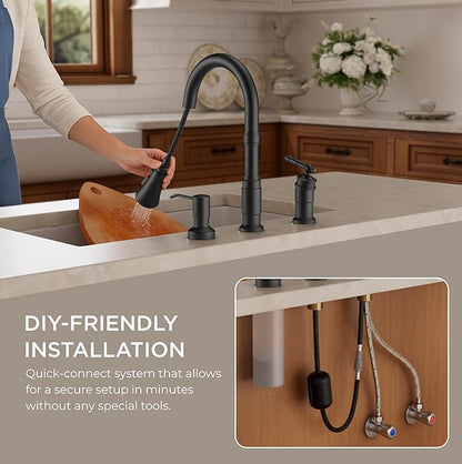 FORIOUS 3 Hole Black Kitchen Faucet with Soap Dispenser, Stainless Steel Vintage Pull Down Sprayer Kitchen Sink Faucet with Single Seperate Handle, Suitable for Farmhouse Outdoor Camper Rv Bar