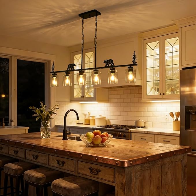 Dining Room Light Fixture/Chandelier Over Table,6-Light Kitchen Island Lighting Hanging for Farmhouse Linear Chandeliers Black Rustic Ceiling Pendant Light Fixtures with Clear Glass Shade