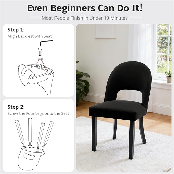 Wooden Dining Chairs Set of 4, Modern Farmhouse Upholstered Kitchen Side Chairs, Dining Room Chairs with Linen Fabric & Open Backrest, Rubberwood Legs, Black