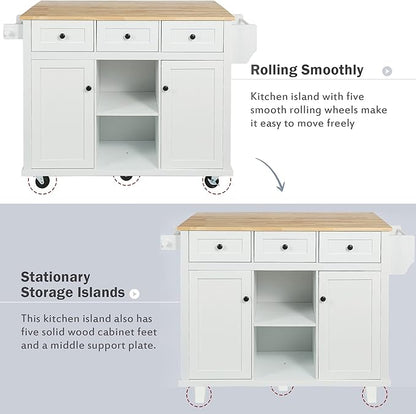 Ball & Cast Kitchen Cart with Rubber Wood Drop-Leaf Countertop,Cabinet Door Internal Storage Racks,Kitchen Island on 5 Wheels W/Storage Cabinet and 3 Drawers for Dinning Room,White,53"