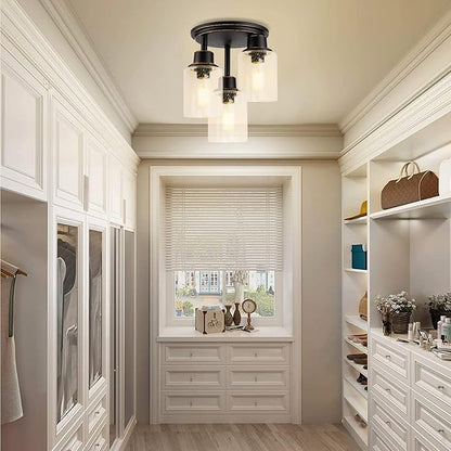 Semi Flush Mount Ceiling Light, 3-Light Close to Ceiling Light Fixtures, Vintage Oil-Rubbed Bronze Finish with Clear Seeded Glass Shade Chandelier Lighting for Stairs Porch Hallway Entryway Kitchen