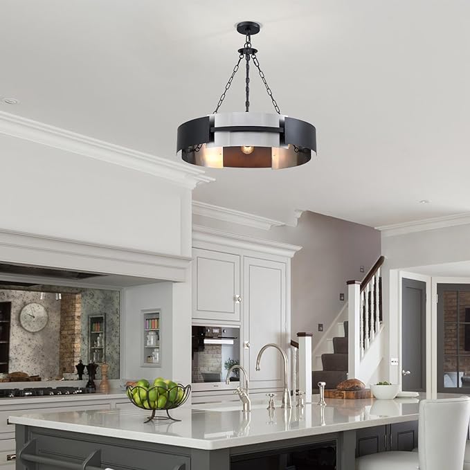 Modern Chandelier 26" Industrial Light Fixture Black and Brushed Nickel 5-Light Large Drum Pendant Lighting for Dining Room Kitchen Island Office Living Room