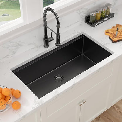 Sarlai 36 Black Undermount Kitchen Sink Workstation - 36x19 Inch Kitchen Sinks with Ledge NANO-Tech Gumental Black Sink Round Corner 16 Gauge Stainless Steel Single Bowl Sink Basin