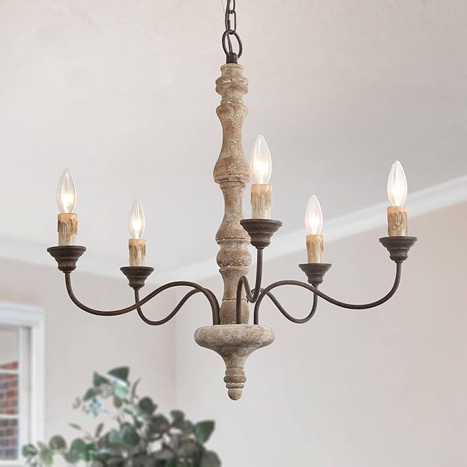 Farmhouse Chandelier, 5-Light French Country Chandelier, Rustic Distressed Wood Chandeliers Light Fixture for Dining Room, Living Room, Bedroom, Foyer