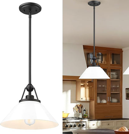 White Pendant Light Fixture, HWH Modern Kitchen Island Light Fixtures 12 Inch, 1-Light Hanging Lighting for Dinning Room Schoolhouse, Black Metal and White Opal Glass Shade, 5HYS89MIL-G BK