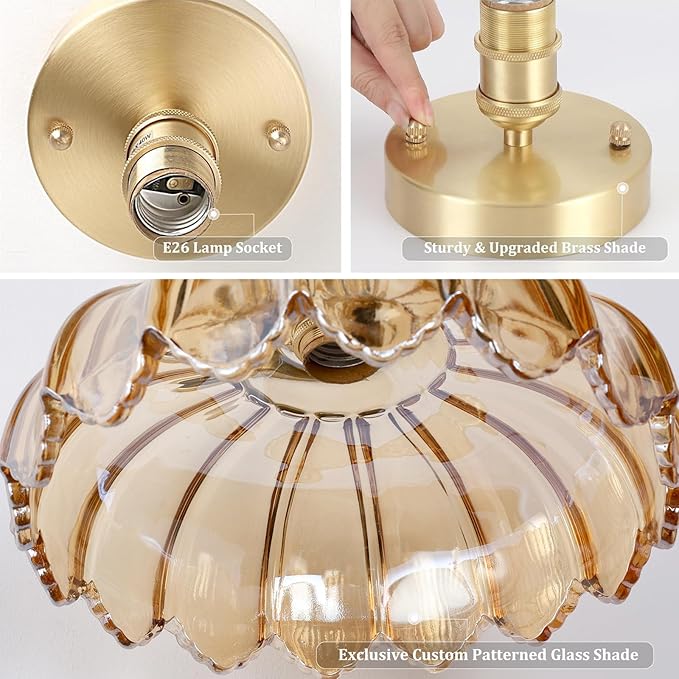 Shenmoyl Semi Flush Mount Gold Vintage Lights Fixture with Amber Peony Glass, Bulb Included, 4.72" Base Modern Ceiling Light for Kitchen Bedroom