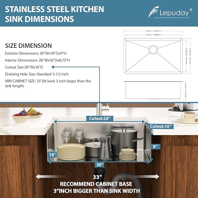 30 Inch Undermount Kitchen Sink Single Bowl 18 Guage Stainless Steel 30"x18"x9" Deep Under Counter Kitchen Sinks Basin R10 Round Corners Handmade Sink