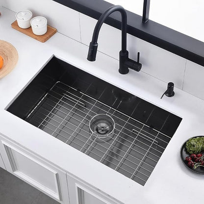 30 Black Stainless Steel Undermount Kitchen Sink, Luckyhorse 30" x 17" x 9" 18 Gauge Gunmetal Black Stainless Steel Undermount Kitchen Sink LH025SQ