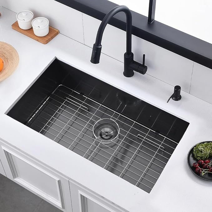32 Undermount Black Kitchen Sink, Luckyhorse 32" x 17" x 9" 18 Gauge Gunmetal Black Stainless Steel Undermount Single Bowl Kitchen Sink LH024SQ