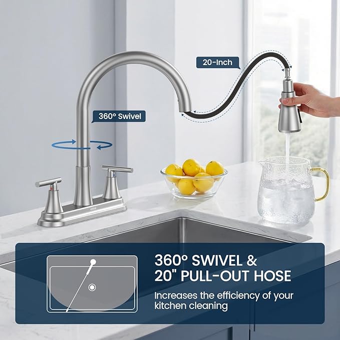 Hurran 8-Inch 2 Handle Pull Down Kitchen Faucet with Soap Dispenser, High Arc 2-in-1 Spray/Stream Stainless Steel Kitchen Sink Faucet for 3-4 Hole Widespread Installation, Brushed Nickel
