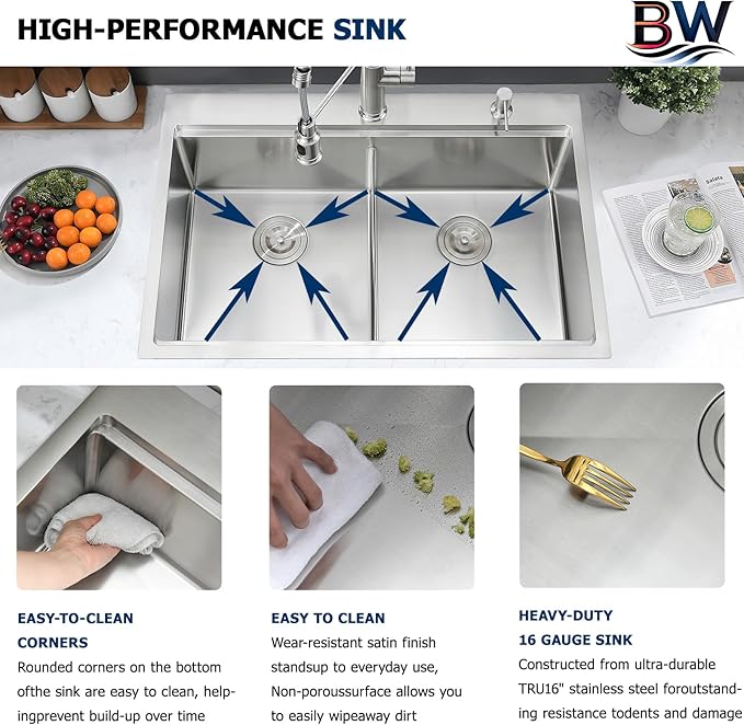 33x22 Double Bowl Kitchen Sink Drop In - 16 Gauge Stainless Steel Top Mount Drop In Sink, 50/50 Split Double Bowl Workstation Kitchen Sinks, Durable for Home Kitchens