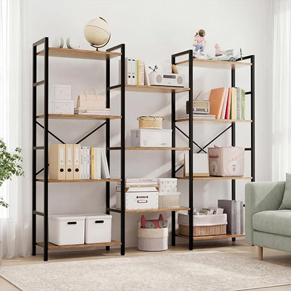 GRUSIGN Triple 4 Tier Book Shelf, Modern Bookcase Shelf, Freestanding Large Display Shelves for Living Room/Office/Garage, Stable Large Bookshelf with Storage for Books/LEGO/Plants, Rustic Brown