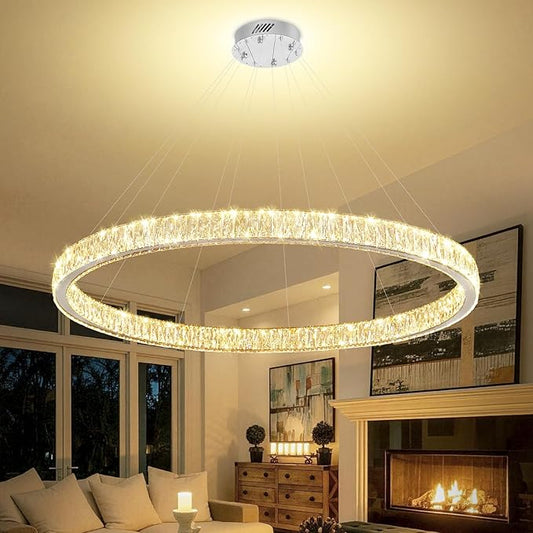 Modern LED Dimmable Crystal Chandelier 47.5" Ring Pendant Light Adjustable Round Chrome Crystal Chandelier for Dining Room Living Room