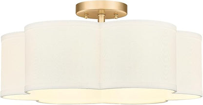 Gold Semi Flush Mount Ceiling Lights, 6-Light 18Inch Ceiling Light Fixtures with Fabric Shade in Flower Shape, Farmhouse Brass Drum Lighting for Nursery Bedroom Kitchen, AD-22007-6SF-GD