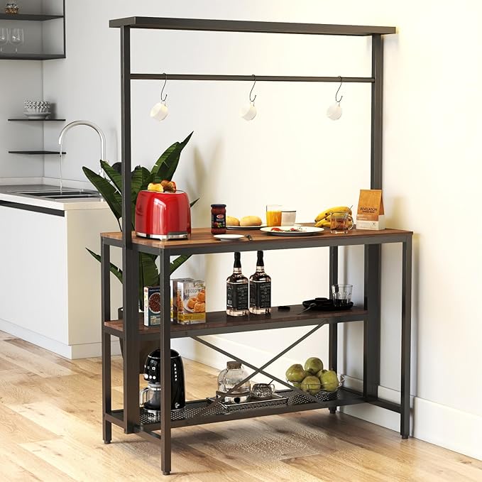 3-Tier Kitchen Island Table with Storage Shelves & Hooks - Walnut Finish