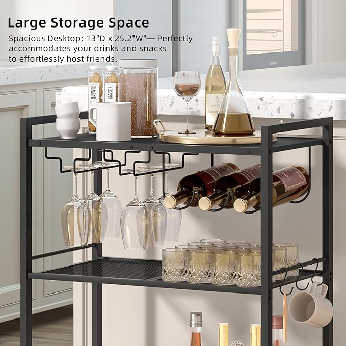 Joaxswe Bar Cart, Home Bar Serving Cart with 3-Tier Shelf,Microwave Cart with Lockable Wheels,Mobile Kitchen Shelf,Rolling Beverage Cart with Wine Rack and Glass Holder for Kitchen,Dinning Room,Black