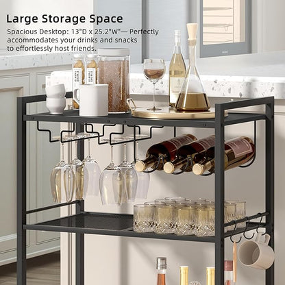 Joaxswe Bar Cart, Home Bar Serving Cart with 3-Tier Shelf,Microwave Cart with Lockable Wheels,Mobile Kitchen Shelf,Rolling Beverage Cart with Wine Rack and Glass Holder for Kitchen,Dinning Room,Black