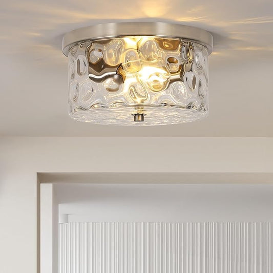 LamQee 9.8" Small Flush Mount Ceiling Light With Clear Hammered Glass, Brushed Nickel Hallway Light Fixtures Ceiling Mount for Bathroom, 2-Lights Farmhouse Close To Ceiling Light Kitchen Foyer Bedroom
