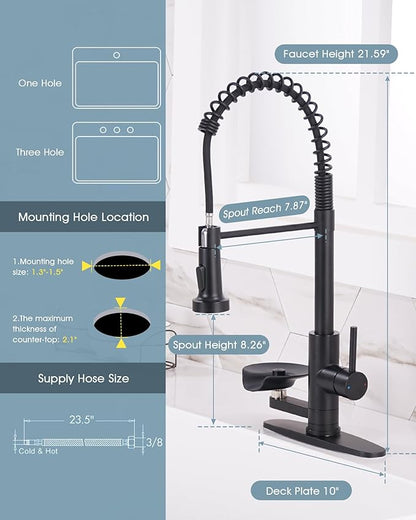 Kitchen Sink Fuacet with Glass Rinser, Single Handle Kitchen Faucet with Pull Down Sparyer, 304 Stainless Steel, Deck Plate, Matte Black