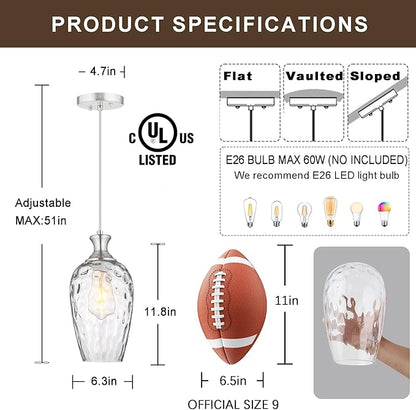 Glass Pendant Lights Kitchen Island, 1-Light Brushed Nickel Pendant Light Fixtures with Hand-Blown Clear Glass, Modern Farmhouse Hanging Light for Kitchen Sink Dining Room Bedroom, E26
