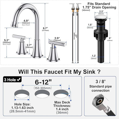 Bathroom Faucets for Sink 3 Hole, Hurran Chrome Bathroom Sink Faucet with Pop-up Drain and Supply Lines, Stainless Steel Lead-Free Widespread Faucet for Vanity RV Farmhouse, 2 Pack