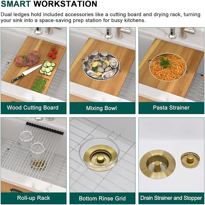 33 Inch White Granite Composite Undermount Kitchen Sink, Single Bowl Classic Quartz-Based Composite Workstation All-In One Sink with Mixing Bowl and Pasta Strainer #TLGU-122