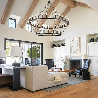 ANKYLHUA 60 Inch Black Extra Large Wagon Wheel Chandelier, 2 Tier 54-Lights Farmhouse Chandeliers Industrial Round High Ceiling Pendant Light for Dining Room, Living Room, Entryway