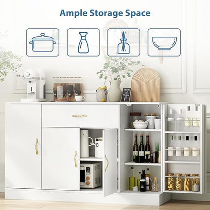 55" Kitchen Pantry Cabinet, Large Storage Cupboard with Doors and Shelves, White Kitchen Storage Cabinet with Drawer, Versatile Buffet Sideboard for Dining Room and Craft Room