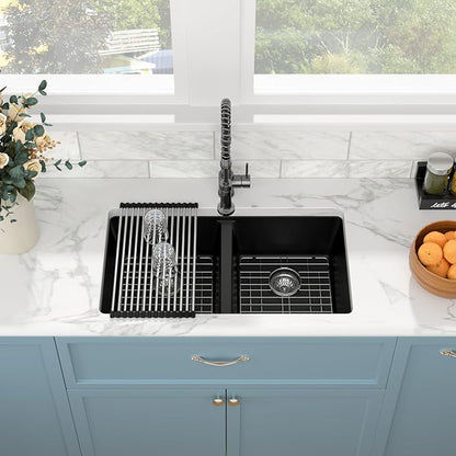 Sarlai 33 Black Granite Composite Kitchen Sink - 33"x19"Double Bowl Undermount Kitchen Sink Double Basin 50/50 Matte Black Quartz Under Counter Sinks Basin with Accessories