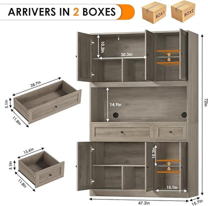 BOTLOG 2PCS Kitchen Cabinets, 71” Large Sideboard Buffet Cabinet with Storage, 72" Tall Pantry Cabinet with Microwave Stand, Wood Coffee Wine Bar Console Table for Kitchen, Dining Room (Ash Gray)