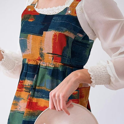 Cityelf Vintage Pinafore Apron Dress Snap Adjust Linen Cotton with Pockets Floral Aprons for Cooking Gardening