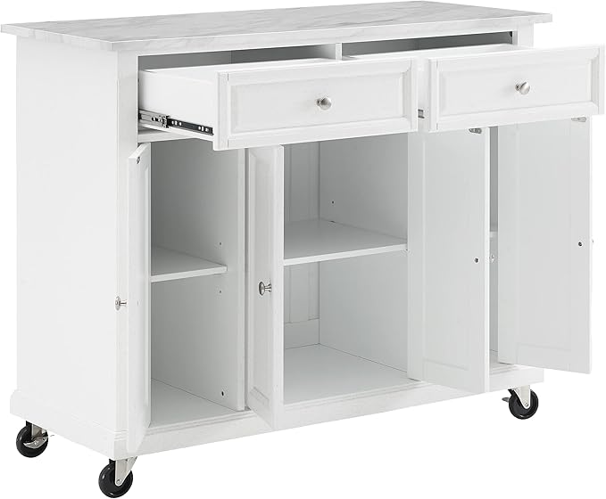 Crosley Furniture Avery Rolling Kitchen Island Storage Cart with Shelves, Microwave Stand, Coffee Bar, Distressed White