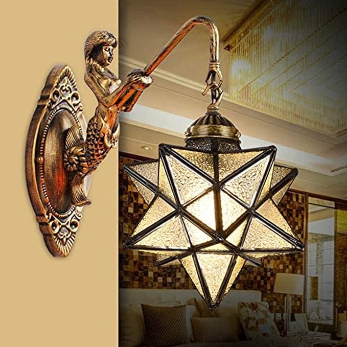 Moravian Star Wall Light with Tiffany Stained Glass Cover, Vintage Rustic Industrial Wall Sconce Retro Wall Mount Lamps Fixture 1-Light,Clear