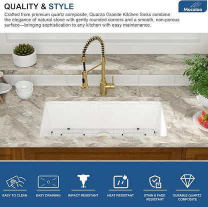 Mocoloo 33 Inch White Granite Composite Kitchen Sink - 33x19 Undermount Ledge Workstation Matte White Quartz Single Bowl Under Counter Kitchen Sinks