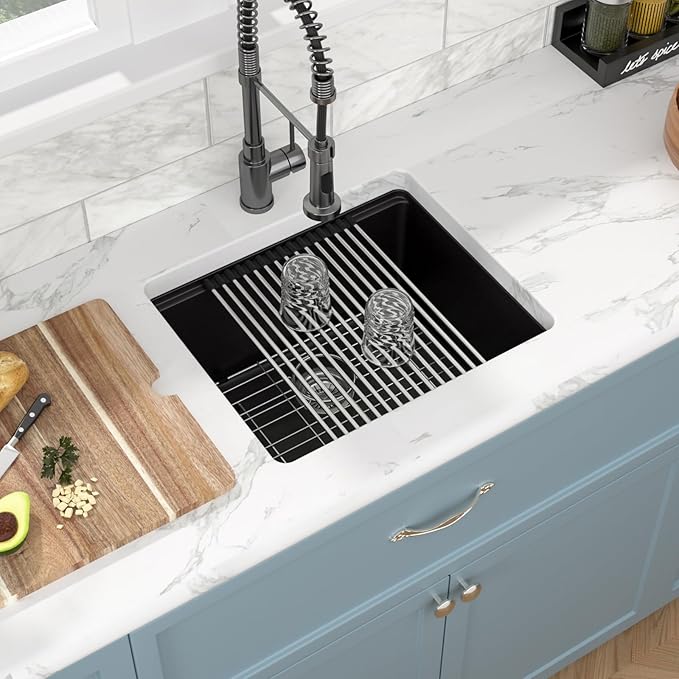 Sarlai 21 Black Kitchen Sink Granite Composite - 21 x 18 inch Bar Prep Workstation Sink Black Granite Composite Quartz Undermount Single Bowl Rectangular RV Camper Sinks Basin