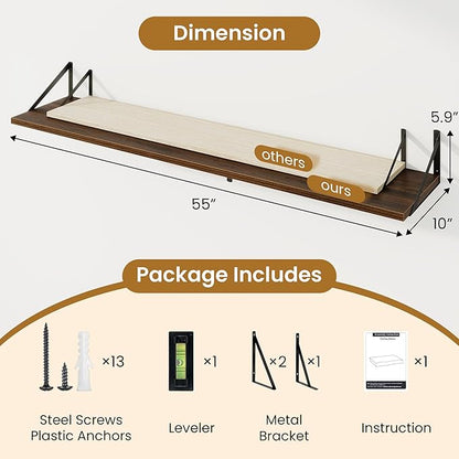 Acovy Deep Floating Shelves,55" Wx10 D Wood Wall Shelves Set of 2,Long Wood Floating Shelf with Metal Brackets,Floating Bookshelf for Living Room,Kitchen,Office,Bedroom,Decor Storage,Walnut