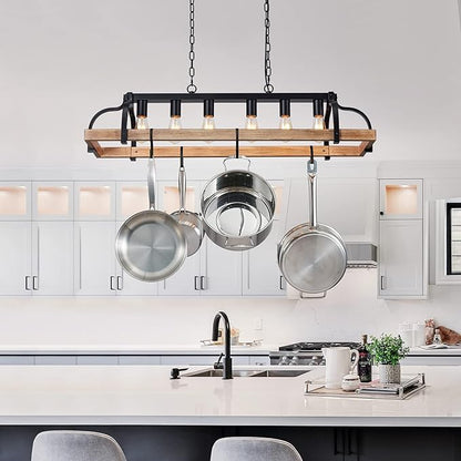 WUZUPS 6-Light Metal Pot Hanging Rack Chandelier Imitation Light Wood Grain Linear Pendant Ceiling Lighting Rustic Farmhouse Fixture Kitchen Island Dining Room, H 9.8" L 40.6" W11.8, E26 Base, Black