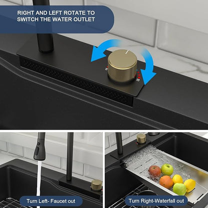 Lordear Black Waterfall Kitchen Sink Granite Composite 33x22 Drop In Kitchen Sinks Black Quartz Composite Single Bowl Multifunctional Workstation Topmount Sink with Pull Out Faucet