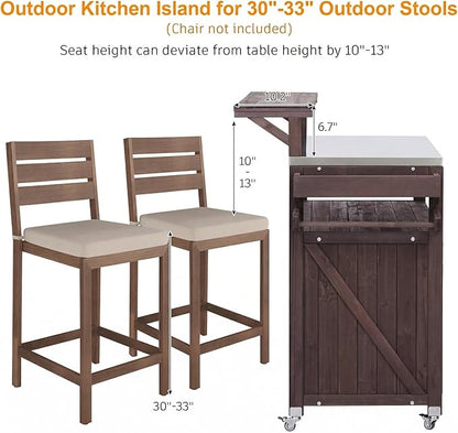 Casaphoria 53.3" Outdoor Kitchen BBQ Grill Cart, 100% Fir Wood Bar Cart Pizza Oven Table with Stainless Steel Countertop, Raised Worktop, Hooks, Adjustable Shelves Outdoor Kitchen Island, Brown