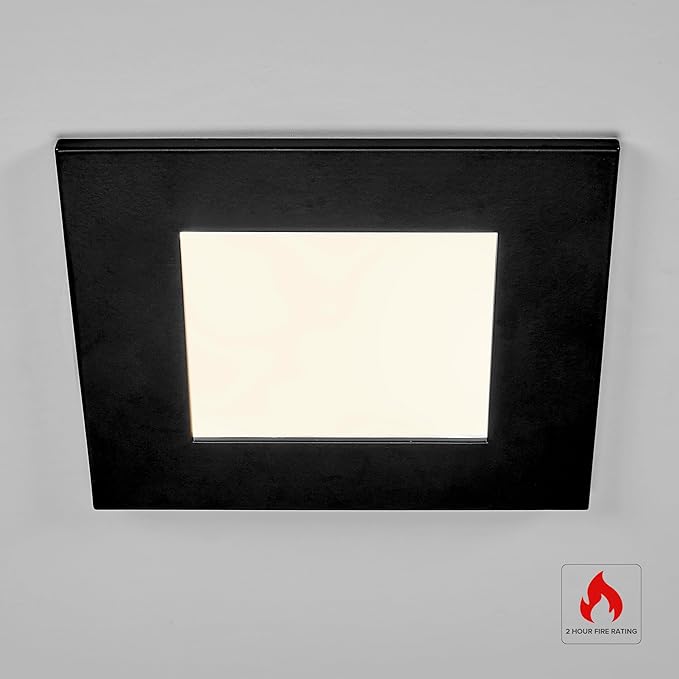 Maxxima 4 in. 2 Hour Fire Rated Ultra Thin Square Black LED Downlight, Slim Recessed Canless Light, IC Rated, 800 Lumens, 5 Color Temperature Selectable 2700K/3000K/3500K/4000K/5000K, Dimmable
