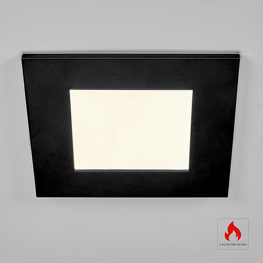 Maxxima 4 in. 2 Hour Fire Rated Ultra Thin Square Black LED Downlight, Slim Recessed Canless Light, IC Rated, 800 Lumens, 5 Color Temperature Selectable 2700K/3000K/3500K/4000K/5000K, Dimmable