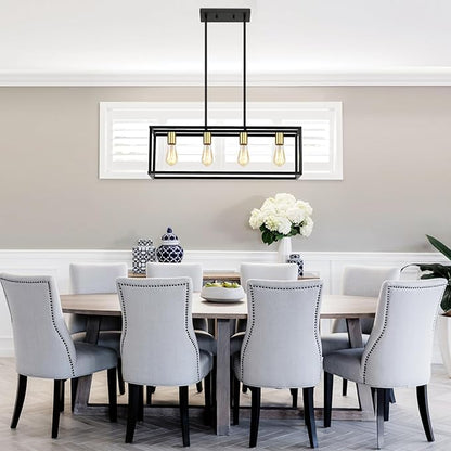 Yusist 4-Light Dining Room Light Fixture,Black Farmhouse Kitchen Island Lighting,Rustic Pendant Light Over Table with Adjustable Rods,Modern Linear Chandeliers for Dining Room Kitchen Island