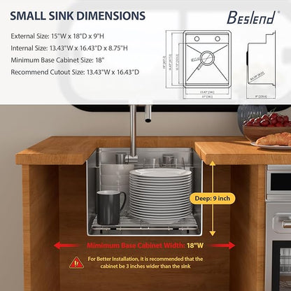 15 Inch Outdoor Kitchen Sink With Faucet and Cover - Beslend 15x18x9 Undermount Kitchen Bar Sink Workstation 16 Gauge Stainless Steel Single Bowl Small Sinks Under Counter Indoor Outdoor