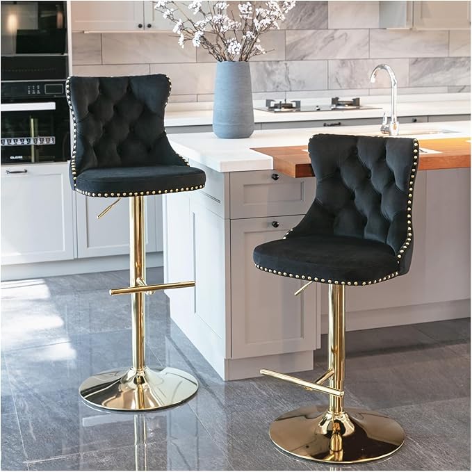 Golden Swivel Velvet Barstools Adjusatble Seat Height from 25-33 Inch,Modern Upholstered Bar Stools with Backs Comfortable Tufted for Home Pub and Kitchen Island,Black,Set of 2,for Living Room