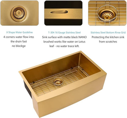 Lordear 30 Inch Gold Farmhouse Sink 30X21 Kitchen Sink Apron Front 16 Gauge Stainless Steel Matte Gold Deep Single Bowl Farm Sinks Basin