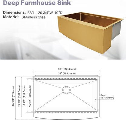 Gold Farmhouse Kitchen Sink, 16 Gauge SUS304 Stainless Steel Farm Sinks, All In One Workstation Sink with Ledge & Accessories, 33" x 20" x 10" Large and Deep Gold Undermount Kitchen Sink