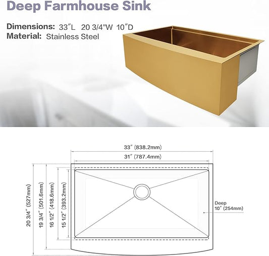 Gold Farmhouse Kitchen Sink, 16 Gauge SUS304 Stainless Steel Farm Sinks, All In One Workstation Sink with Ledge & Accessories, 33" x 20" x 10" Large and Deep Gold Undermount Kitchen Sink